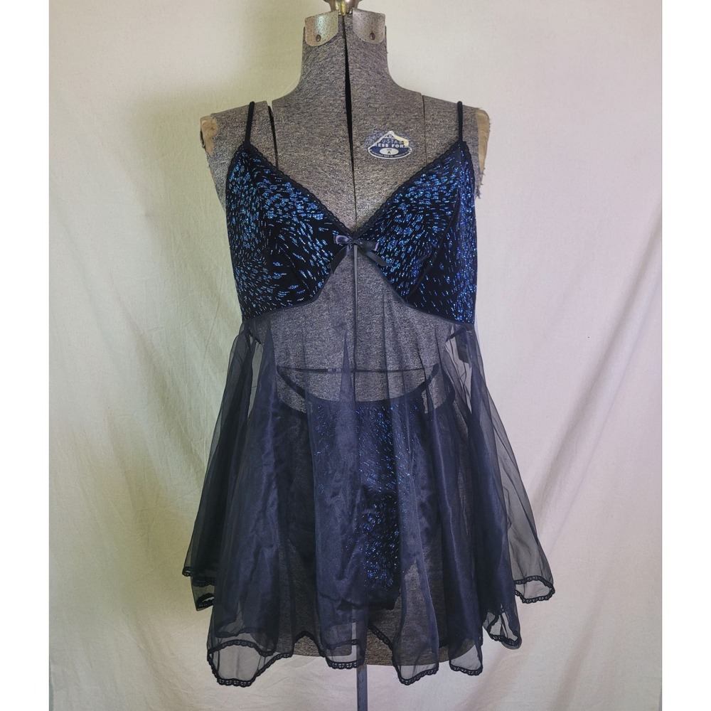 Vintage 90s Y2K Babydoll Lingerie Set Volup 1X XL Black‎ Blue Glitter Mesh Sheer